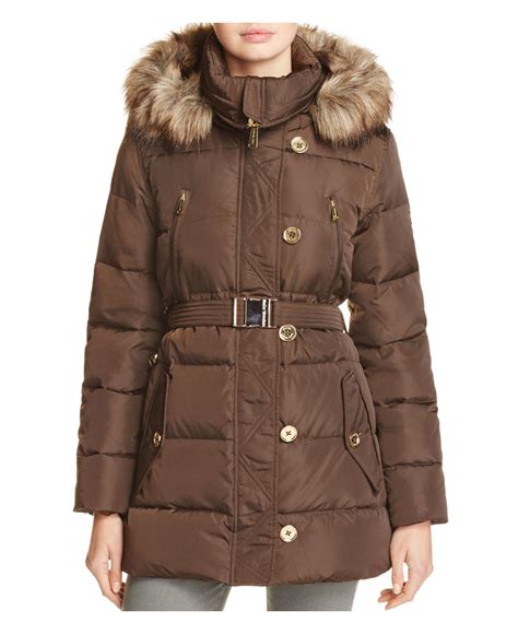 belted faux fur trim hooded puffer jacket michael kors|Michael Kors quilted puffer jacket.